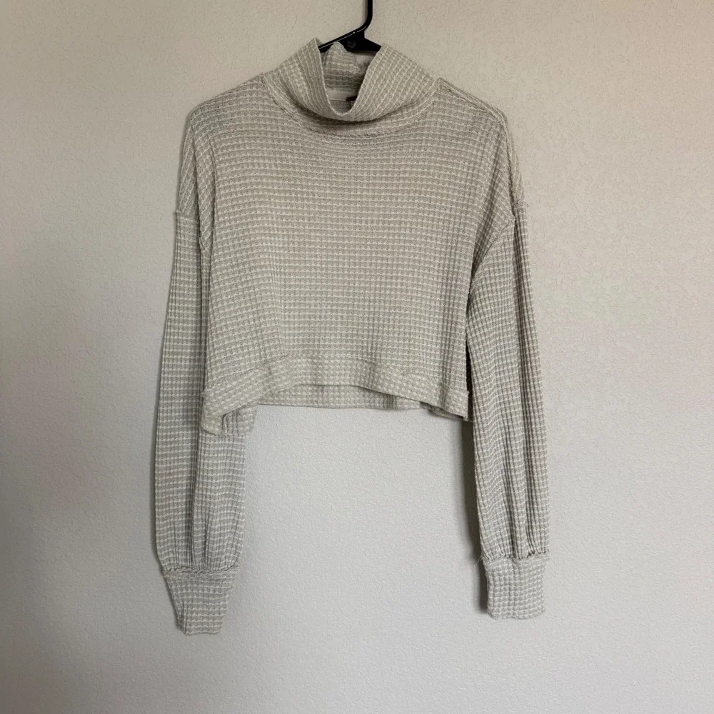 Free People Waffle Knit Cropped Mock Neck Thermal Top Beige Small Sweater Boho